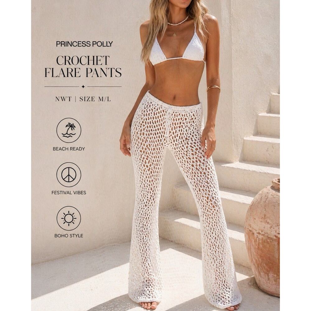 NWT Princess Polly Crochet Knit Pants White Size M/L Boho Flare Festival Beach